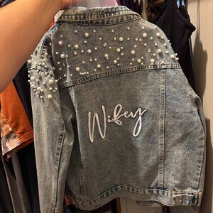 Wifey Pearl and Crystal Studded Denim Jacket